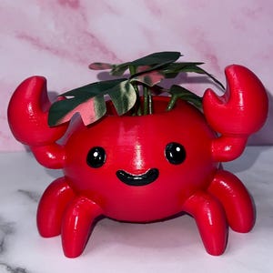 May include: A vibrant red crab-shaped planter with a smiling face and black eyes. The planter holds green and pink-tinged leaves. The crab has large claws and legs, creating a whimsical and decorative plant pot.