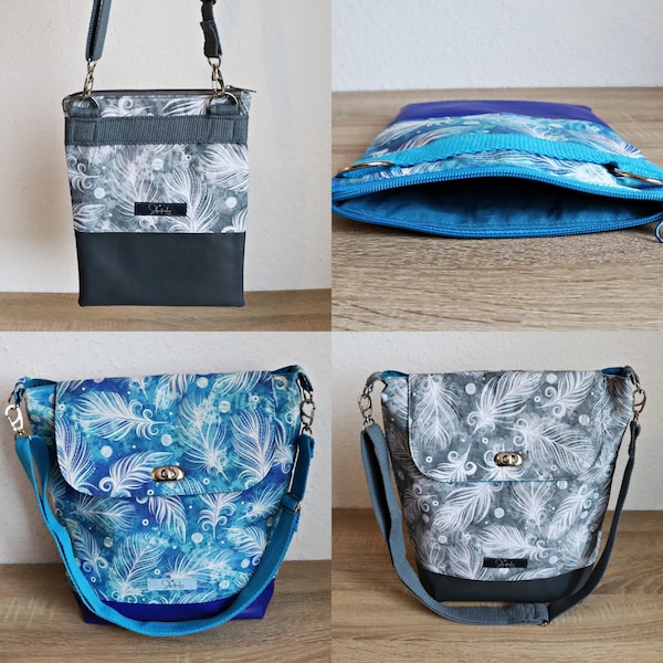 Crossbody Bag, Handtasche mit Kunstleder, Federn, zwei Größen, Träger abnehmbar, Tasche mit Drehverschluss, Tasche mit Reißverschluss