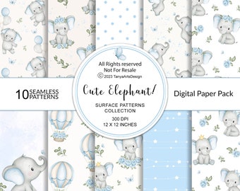 Blue Watercolor Elephant Digital Paper, Nursery Fabric (Digital Download)