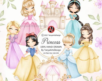 Princess Girl Clipart, Cute Princess Clipart, Watercolor Princess, Cinderella, Snow White, Illustration, PNG, Baby Princess, Little Princess
