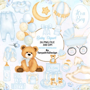 Oh Baby Boy Clipart, Miś clipart, Akwarela baby shower clipart, Miś clipart urodzinowy, To chłopiec clipart