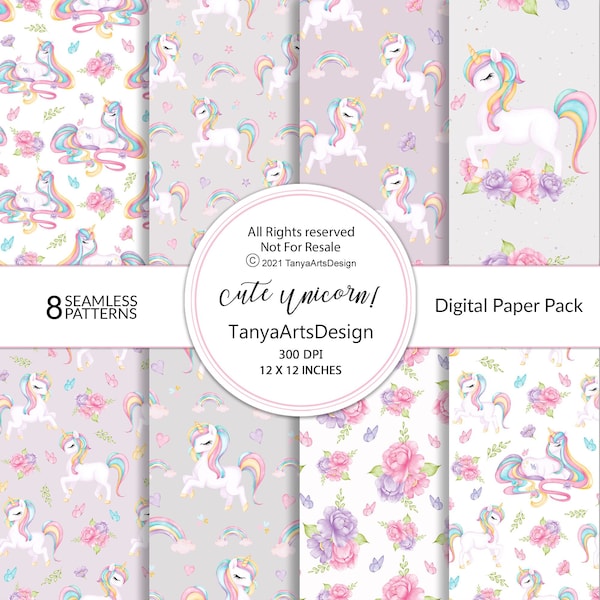 Unicorn digital paper, watercolor unicorn seamless, pastel baby paper, unicorn fabric, cute unicorn pattern, baby unicorn scrapbook paper