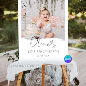 Edytowalny znak powitalny z okazji pierwszych urodzin, plakat ze zdjęciem, przyjęcie z okazji pierwszych urodzin, minimalistyczny, canva, nowoczesny, prosty, obramowanie, (cyfrowy)