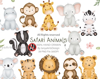Hand-Drawn Safari Animals Clipart, Baby Jungle Animal, Nursery Wall Art, Safari baby shower Graphics, (Digital Download)