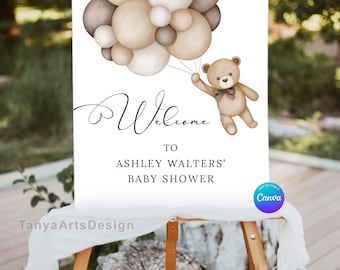Teddy Bear Baby Shower Welcome Sign, We Can Bearly Wait Welcome Poster, Boho Balloons, Neutral Gender, Editable Template, Canva, (digital)