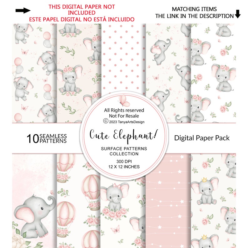 Puede incluir: Un paquete de papel digital con 10 patrones sin costuras que incluyen elefantes grises, flores rosas, globos, globos aerost&aacute;ticos y estrellas. El texto circular central dice: All Rights reserved, Not For Resale, 2023 TanyaArtsDesign, Cute Elephant!, SURFACE PATTERNS COLLECTION, 300 DPI, 12 X 12 INCHES.