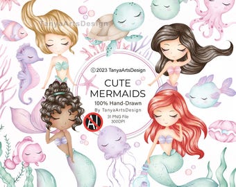 Op de afbeelding: Een digitale illustratieset met vier zeemeerminnen met blond, donkerbruin, krullend donkerbruin en rood haar, omringd door zeedieren waaronder een schildpad, octopus, kwal, zeepaardje en vissen, met de tekst CUTE MERMAIDS.