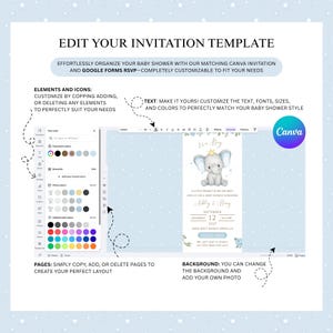 May include: A baby shower invitation template with a blue background and a cute elephant illustration. The template is customizable with text, fonts, and colors. The Canva logo is visible. Text on the invitation reads "It's a Boy" and includes the date and time.