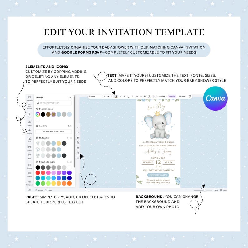 May include: A baby shower invitation template with a blue background and a cute elephant illustration. The template is customizable with text, fonts, and colors. The Canva logo is visible. Text on the invitation reads "It's a Boy" and includes the date and time.