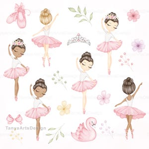 May include: A collection of watercolor illustrations featuring six ballerinas in pink tutus, a pair of pink ballet slippers, a silver tiara, a pink swan, and various floral and leafy elements. The ballerinas have different hair colors and styles.