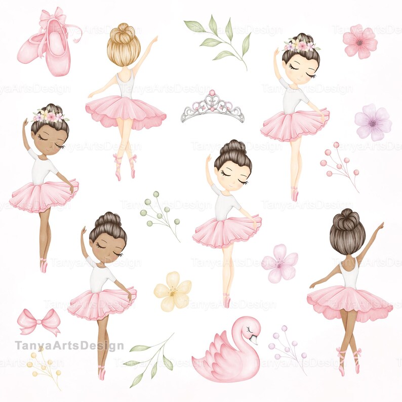 May include: A collection of watercolor illustrations featuring six ballerinas in pink tutus, a pair of pink ballet slippers, a silver tiara, a pink swan, and various floral and leafy elements. The ballerinas have different hair colors and styles.