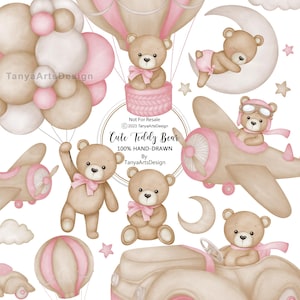Watercolor Teddy bear clipart for girl, Watercolour baby shower clipart Pink Teddy bear clipart, vintage teddy bear, cute teddy illustration