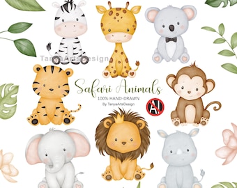 Aquarell Safari Dschungeltiere Clipart, niedliche Baby Safari Tiere PNG, Zoo Dschungeltier, Wild One Kindergarten Kunst Illustration, handgezeichnet