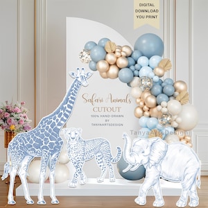 Blue Safari jungle animals cutout, Toile de Jouy jungle animals Cutout, elephant, giraffe & cheetah cutout, Chinoiserie birthday party
