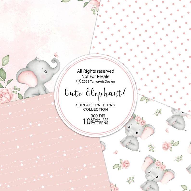 May include: A digital paper pack with 10 cute elephant themed patterns. The patterns feature pink, white, and green colors with floral and star designs. The patterns are 300 DPI and seamless.