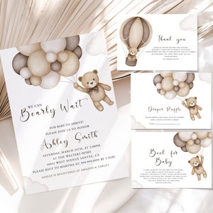 Teddy bear baby shower invitation, boho bear balloons invitation, editable bear invitation, text massage invitation, we can bearly wait
