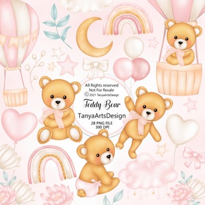 Oh Baby Girl Clipart, Teddy bear clipart, Watercolor baby shower clipart, Teddy bear birthday clipart, it&#39;s a girl clipart