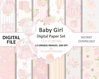 Baby Girl Digital Paper Pack, Pink Floral Nursery (Digital Download)