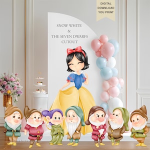 Królewna Śnieżka i Siedmiu Krasnoludków Wycinanka, clipart księżniczki Śnieżki, motyw dekoracji urodzinowej Królewny Śnieżki, ilustracja, PNG