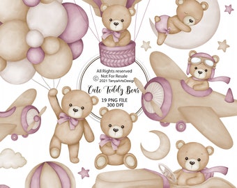 Watercolor Teddy bear clipart, Watercolor baby shower clipart, purple Teddy bear clipart, vintage teddy bear, Violet cute teddy clipart boho