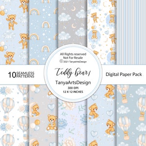 Teddy Bear digital paper set, baby Boy digital paper, baby shower boy digital pattern, Baby boy Paper Pack blue Nursery Digital Background