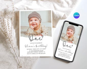 Editable First Birthday Invitation, Modern, 1st party, simple, Photo, Minimalist, via message, Canva (Digital)