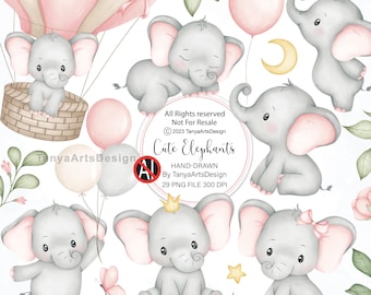 Pink Baby Elephant Clipart, Hand-Drawn Little Peanut PNG, Girl Baby Shower Graphics, Pink Nursery Elephant with bow Art,  (Digital)