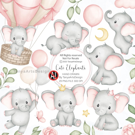Pink Baby Elephant Clipart, Hand-Drawn Little Peanut PNG, Girl Baby Shower Graphics, Pink Nursery Elephant with bow Art,  (Digital)