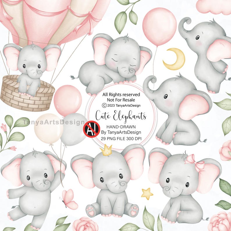 Puede incluir: Un conjunto de ilustraciones digitales con elefantes grises de orejas rosas, un globo aerost&aacute;tico, globos, una luna creciente, una estrella y elementos florales. El texto incluye All Rights reserved Not For Resale 2023 TanyaArtsDesign Cute Elephants.