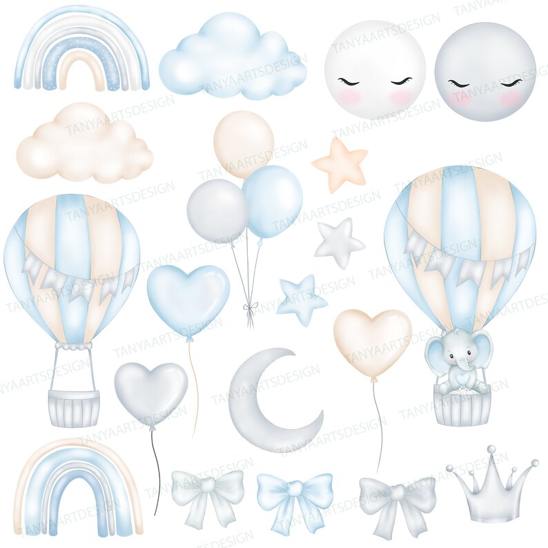 Puede incluir: Una colecci&oacute;n de ilustraciones estilo acuarela que presenta arco&iacute;ris en azul claro y beige, nubes, lunas durmientes, estrellas, globos en forma de coraz&oacute;n, globos aerost&aacute;ticos a rayas, un peque&ntilde;o elefante, lazos y una corona sobre fondo blanco.