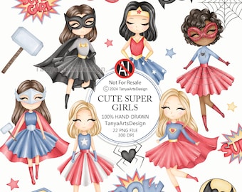 Super Girl clipart, Girl Superhero PNG, Watercolor Superhero Girls, Power Girl, Little Heroine Party, Red Whimsical Super Girl Nursery Art