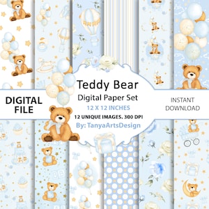 Set di carta digitale Teddy Bear, carta digitale per neonato, modello digitale per baby shower, confezione di carta per neonato sfondo digitale per asilo nido blu