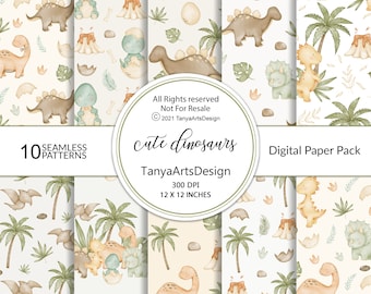 Watercolor Dinosaur Digital Paper Set, Boho Seamless Patterns (Digital Download)