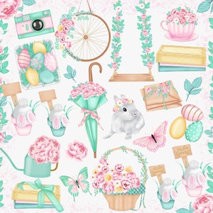 K&ouml;nnte beinhalten: Ein digitales Illustrationsset mit fr&uuml;hlingshaften Elementen, darunter eine rosa Kamera, ein blumiges Fahrradrad, eine Schaukel, eine Teetasse, B&uuml;cher, Ostereier, ein Hase, ein mintfarbener Regenschirm mit Blumen, Schmetterlinge, eine Gie&szlig;kanne.