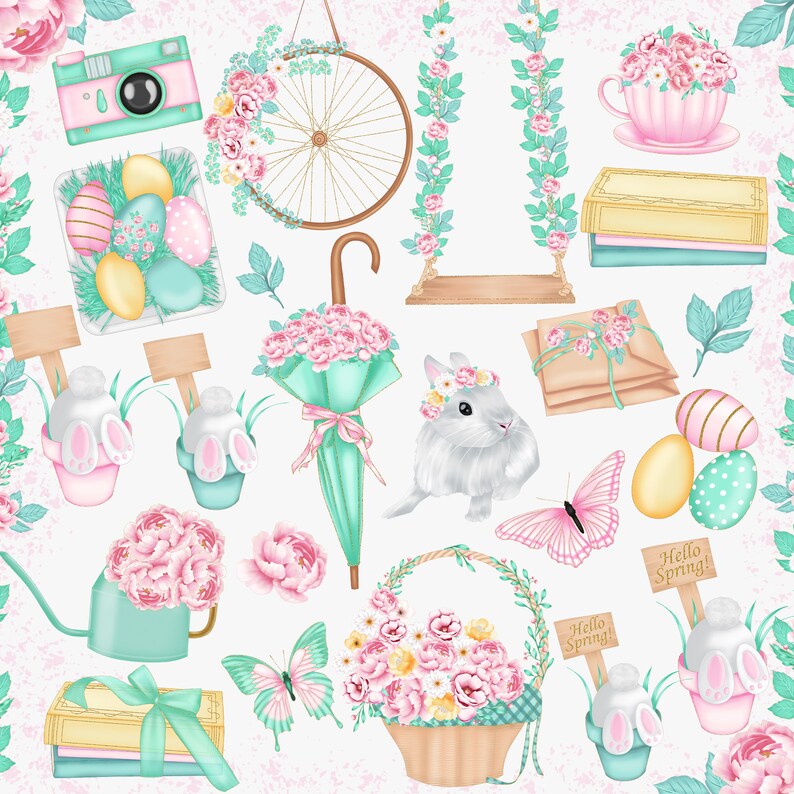 K&ouml;nnte beinhalten: Ein digitales Illustrationsset mit fr&uuml;hlingshaften Elementen, darunter eine rosa Kamera, ein blumiges Fahrradrad, eine Schaukel, eine Teetasse, B&uuml;cher, Ostereier, ein Hase, ein mintfarbener Regenschirm mit Blumen, Schmetterlinge, eine Gie&szlig;kanne.