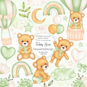 Oh Baby Boy Clipart, Teddy bear clipart, Watercolor baby shower clipart, Teddy bear with balloons, it's a boy clipart, green teddy bear