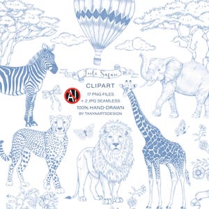 Puede incluir: Una colección de ilustraciones en tinta azul con un cebra, elefante, guepardo, león, jirafa, globo aerostático y elementos florales. El texto dice Toile Safari CLIPART 17 PNG FILES + 2 JPG SEAMLESS 100% HAND-DRAWN BY TANYAARTSDESIGN.
