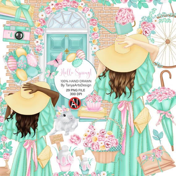 Spring Fashion Girl Clipart, Easter Bunny, Hello Spring, Flowers (Digital Download) Handmade