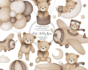 Aquarell Teddybär Clipart, Aquarell Baby-Dusche Clipart, Boho Teddybär Clipart, Vintage Teddybär, niedlichen Teddy Clipart, kleiner Bär