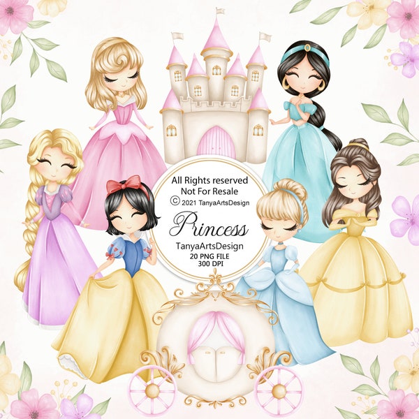 princess girl clipart, Cute princess clipart, watercolor princess, cinderella, snow white, illustration, PNG, baby princess, little princess