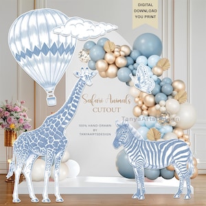 Blue Safari jungle animals cutout, Toile de Jouy jungle animals Cutout, Zebra, giraffe & hot air balloon cutout, Chinoiserie birthday party