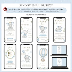 May include: Digital baby shower invitations displayed on smartphones and laptops. The designs feature watercolor illustrations of elephants, balloons, and floral accents in shades of blue and gold. Text includes RSVP, Baby List, and Save the Date.