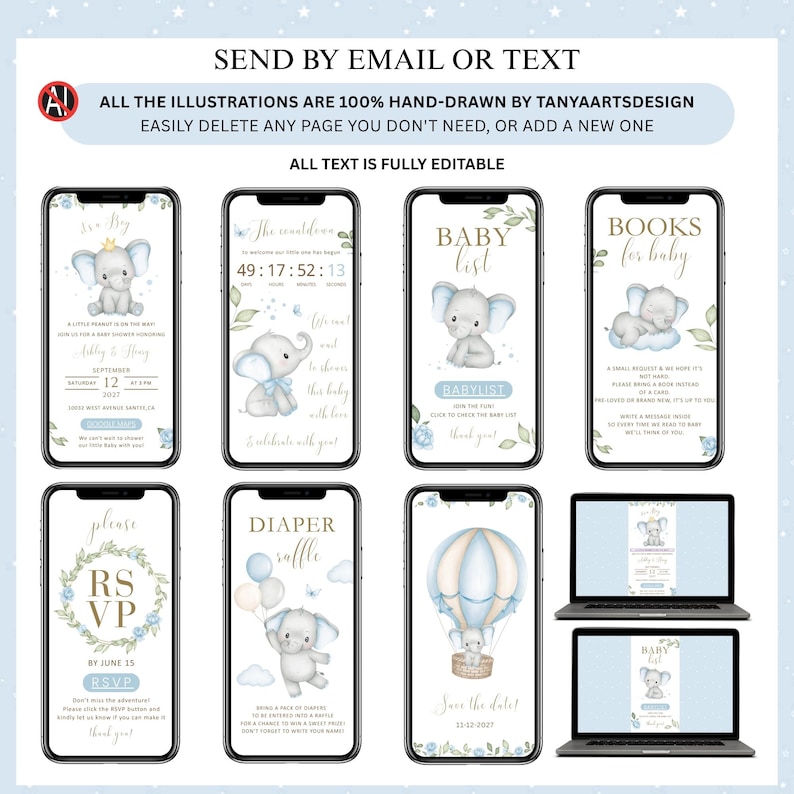 May include: Digital baby shower invitations displayed on smartphones and laptops. The designs feature watercolor illustrations of elephants, balloons, and floral accents in shades of blue and gold. Text includes RSVP, Baby List, and Save the Date.