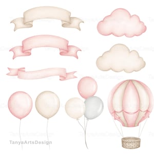 Puede incluir: Una colecci&oacute;n de ilustraciones estilo acuarela que incluye tres cintas curvas en tonos crema y rosa suave, dos nubes esponjosas en rosa y crema, cinco globos redondos en rosa, crema y gris, y un globo aerost&aacute;tico en tonos rosa y crema.