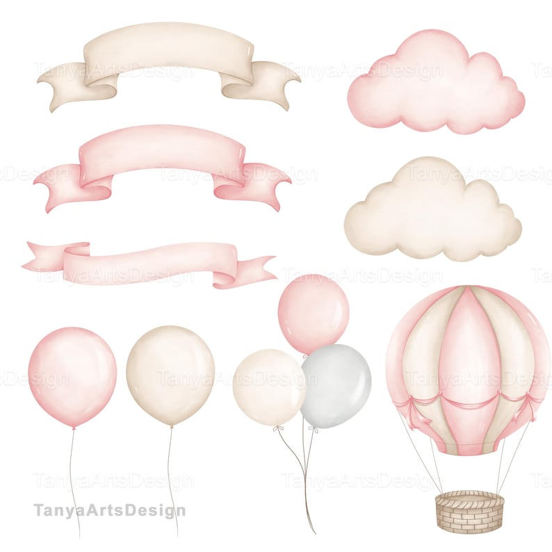 Puede incluir: Una colecci&oacute;n de ilustraciones estilo acuarela que incluye tres cintas curvas en tonos crema y rosa suave, dos nubes esponjosas en rosa y crema, cinco globos redondos en rosa, crema y gris, y un globo aerost&aacute;tico en tonos rosa y crema.