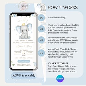 May include: A baby shower invitation template on a smartphone screen, featuring a blue elephant illustration with a gold crown. The invitation includes event details and RSVP information. The design is for a baby boy.