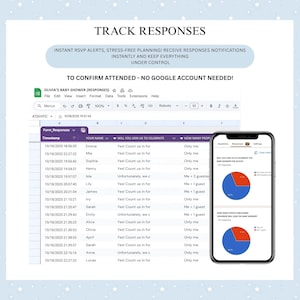 May include: A screenshot of a baby shower RSVP tracking system. The image shows a spreadsheet with guest responses and a smartphone displaying a pie chart summarizing attendance. Text at the top reads "Track Responses".