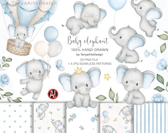 May include: A digital collection of watercolor illustrations featuring baby elephants in various poses, a hot air balloon, balloons, clouds, stars, and floral elements, accompanied by five seamless patterns with polka dots, stripes, and elephant motifs.
