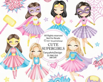 super girl clipart, Cute superhero girl clipart, watercolor superhero girls, power girl, illustration, PNG, pink super hero girl, pastel