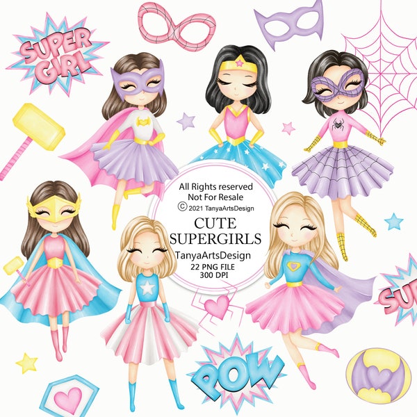 super girl clipart, Cute superhero girl clipart, watercolor superhero girls, power girl, illustration, PNG, pink super hero girl, pastel